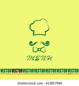 Chef hat and big mustache. Menu card. Vector illustration. 