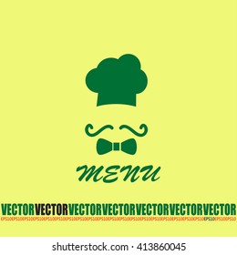 Chef hat and big mustache. Menu card. Vector illustration. 