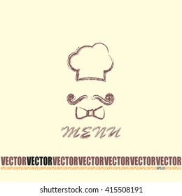 Chef hat and big mustache. Menu card. Vector illustration. 