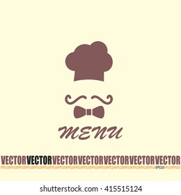 Chef hat and big mustache. Menu card. Vector illustration. 