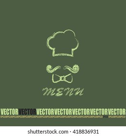 Chef hat and big mustache. Menu card. Vector illustration. 