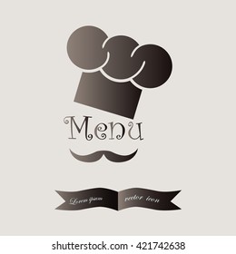Chef hat and big mustache. Menu card. Flat design style. Vector 