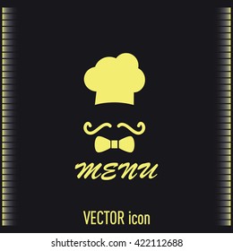 Chef hat and big mustache. Menu card. Vector illustration. 