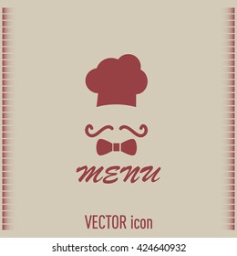 Chef hat and big mustache. Menu card. Vector illustration. 