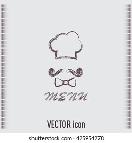 Chef hat and big mustache. Menu card. Vector illustration. 