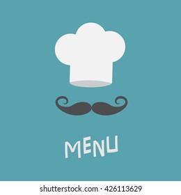 Chef hat and big mustache.  Menu card. Restaurant uniform. Curl moustaches. Flat design material style. Blue background. Vector illustration.