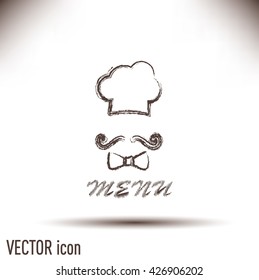 Chef hat and big mustache. Menu card. Vector illustration. 