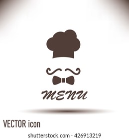 Chef hat and big mustache. Menu card. Vector illustration. 