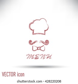 Chef hat and big mustache. Menu card. Vector illustration. 