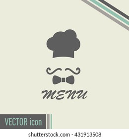 Chef hat and big mustache. Menu card. Vector illustration. 