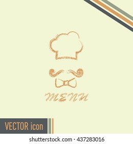 Chef hat and big mustache. Menu card. Vector illustration. 
