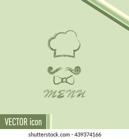 Chef hat and big mustache. Menu card. Vector illustration. 