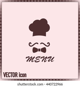 Chef hat and big mustache. Menu card. Vector illustration. 