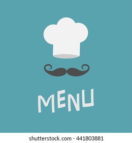 Chef hat and big mustache.  Menu card. Curl moustaches. Restaurant uniform. Flat design material style. Blue background. Vector illustration.