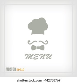 Chef hat and big mustache. Menu card. Vector illustration. 