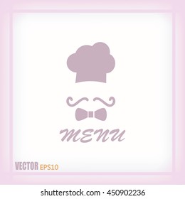 Chef hat and big mustache. Menu card. Vector illustration. 