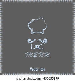 Chef hat and big mustache. Menu card. Vector illustration. 