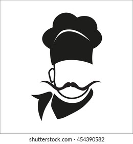 Chef hat and big mustache. Menu card. Flat design style. Emblem. Logo. Vector illustration