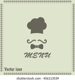Chef hat and big mustache. Menu card. Vector illustration. 