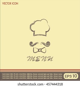 Chef hat and big mustache. Menu card. Vector illustration. 