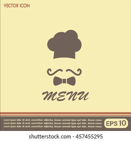 Chef hat and big mustache. Menu card. Vector illustration. 