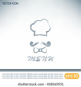 Chef hat and big mustache. Menu card. Vector illustration. 