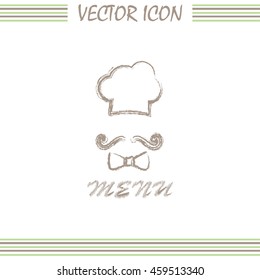Chef hat and big mustache. Menu card. Vector illustration. 