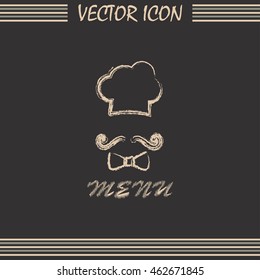 Chef hat and big mustache. Menu card. Vector illustration. 