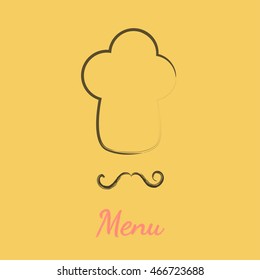 Chef hat and big mustache. Menu card. Restaurant uniform. Curl moustaches. Flat design material style. Blue background. Vector illustration.