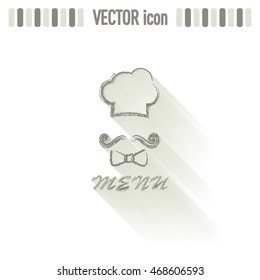 Chef hat and big mustache. Menu card. Vector illustration. 