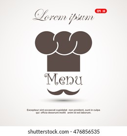 Chef hat and big mustache. Menu card. Flat design style. Vector 