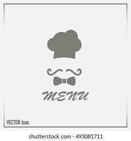 Chef hat and big mustache. Menu card. Vector illustration. 