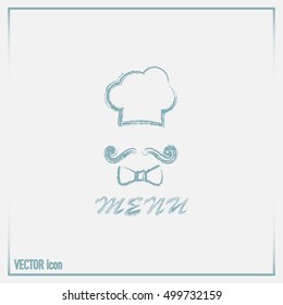 Chef hat and big mustache. Menu card. Vector illustration. 