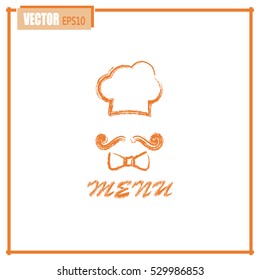 Chef hat and big mustache. Menu card. Vector illustration. 