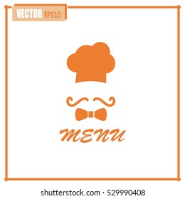 Chef hat and big mustache. Menu card. Vector illustration. 