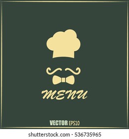 Chef hat and big mustache. Menu card. Vector illustration. 