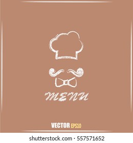 Chef hat and big mustache. Menu card. Vector illustration. 