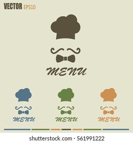 Chef hat and big mustache. Menu card. Vector illustration. 