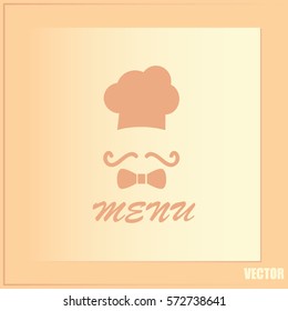 Chef hat and big mustache. Menu card. Vector illustration. 