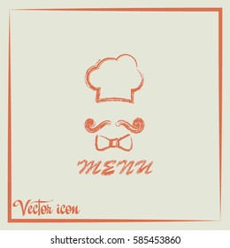 Chef hat and big mustache. Menu card. Vector illustration. 