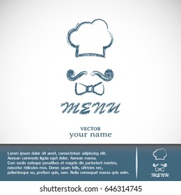 Chef hat and big mustache. Menu card. Vector illustration. 