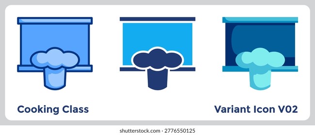 Chef hat with board, ideal for training, workshops, and food education visuals. Blue, Flat Blue, Dualtone style.