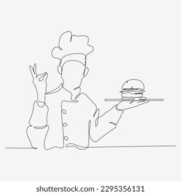 Chef in hat bringing dishes of food one continuous line. Cute cooking character. Minimalist style vector illustration on white background.
