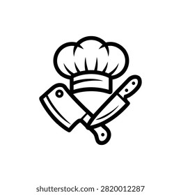 Chef Hat Butcher Cleaver Vector, Meat Market Logo Design, Kitchen Knife Graphic Icon