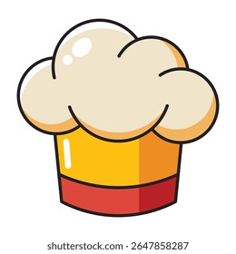 Chef hat cartoon icon with fluffy white top and yellow base isolated on white background
