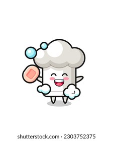 chef hat character is bathing while holding soap , cute style design for t shirt, sticker, logo element