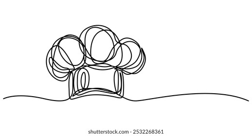 Kochmütze Continuous Line Art, Kochmütze in einer durchgehenden Strichzeichnung. Symbol der Küche und Restaurant Küche im einfachen linearen Stil. Professionelle Uniform in editierbarem Strich. Doodle-Vektor