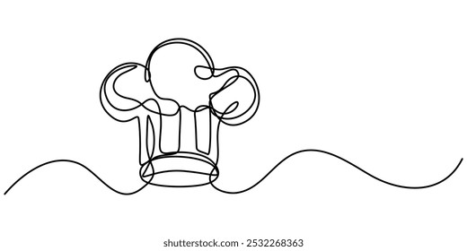 Chef Hat Continuous Line Art, Chef hat in one continuous line drawing. Symbol of cooking and restaurant kitchen in simple linear style. Professional uniform in editable stroke. Doodle vector