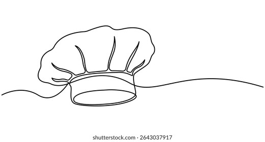 Chef Hat Continuous Line Art, Chef Hat Continuous Line Icon. Chef hat outline drawing illustration. one continuous line drawing of cook hat uniform.
