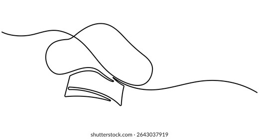 Chef Hat Continuous Line Art, Chef Hat Continuous Line Icon. Chef hat outline drawing illustration. one continuous line drawing of cook hat uniform.